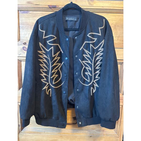 LUCKY & BLESSED BLACK BOOT STITCHING EMBROIDERY DETAIL BOMBER JACKET - Picture 1 of 5